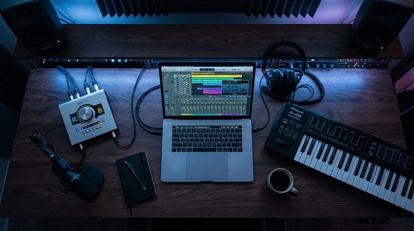 Kalkulator dan catatan biaya produksi musik di atas meja studio