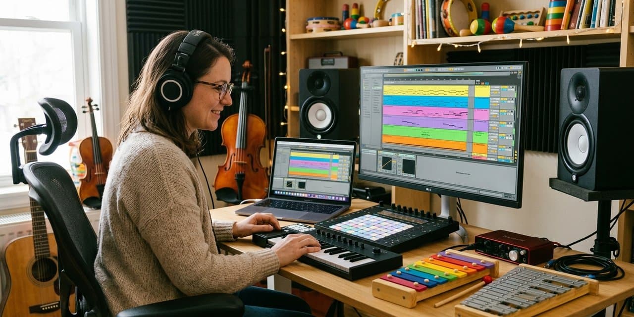 Produser musik mengerjakan aransemen lagu anak di home studio — Ableton Live terbuka di monitor, xylophone warna-warni dan glockenspiel di meja, biola dan gitar di latar belakang