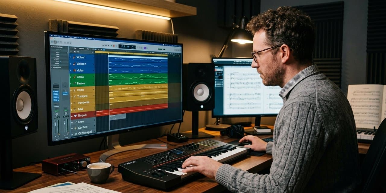 Aranjer musik mengerjakan skor orkestral di DAW — layer MIDI, string, brass, dan perkusi tersusun rapi di layar