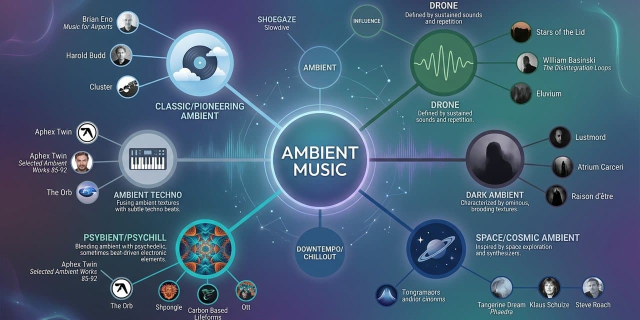 Visualisasi gelombang suara musik ambient dengan tekstur atmosferik dan lapisan pad synthesizer