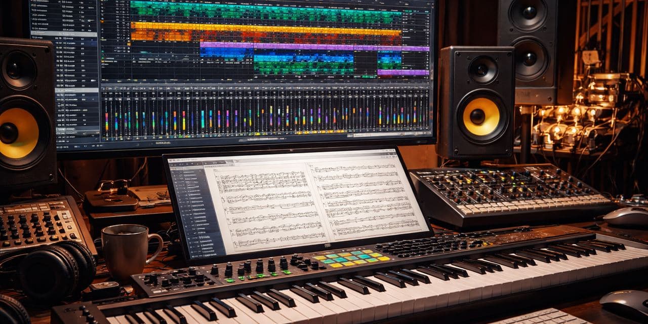 Layar DAW dengan partitur digital dan piano roll — proses komposisi musik di FP Music Production Bali