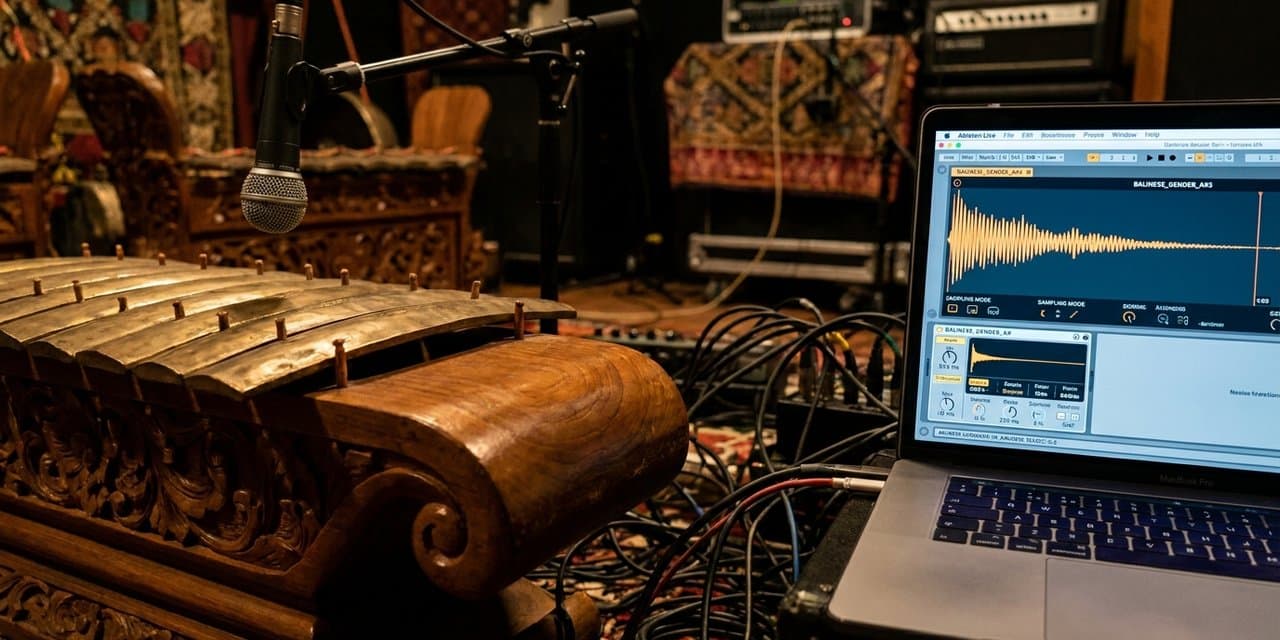 Close-up bilah gender gamelan Bali dengan tampilan Ableton Sampler di layar — sampling untuk produksi modern