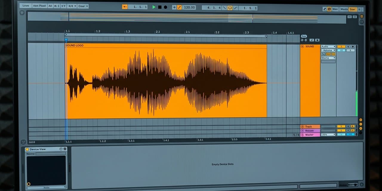 Waveform sound logo di timeline Ableton Live — identitas audio brand yang dikenal dalam 3 detik