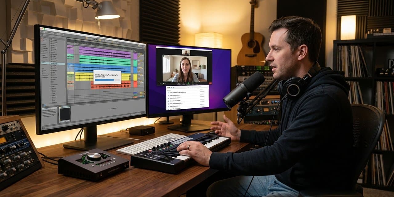 Produser musik mengerjakan proyek rekaman secara online — file audio dan session dikirim antara klien dan studio profesional melalui cloud