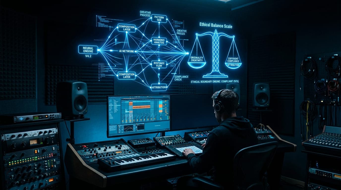 Diagram alur kerja agentic AI di studio produksi musik — tools otomasi kreatif dan etika penggunaan