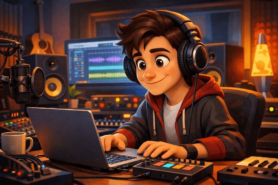 Produser di home studio menggunakan AI tools di laptop — DAW terbuka dengan plugin analisis spektrum