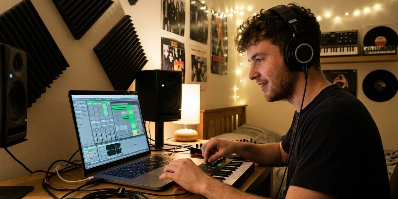 Produser musik bekerja di home studio dengan Ableton Live di layar laptop