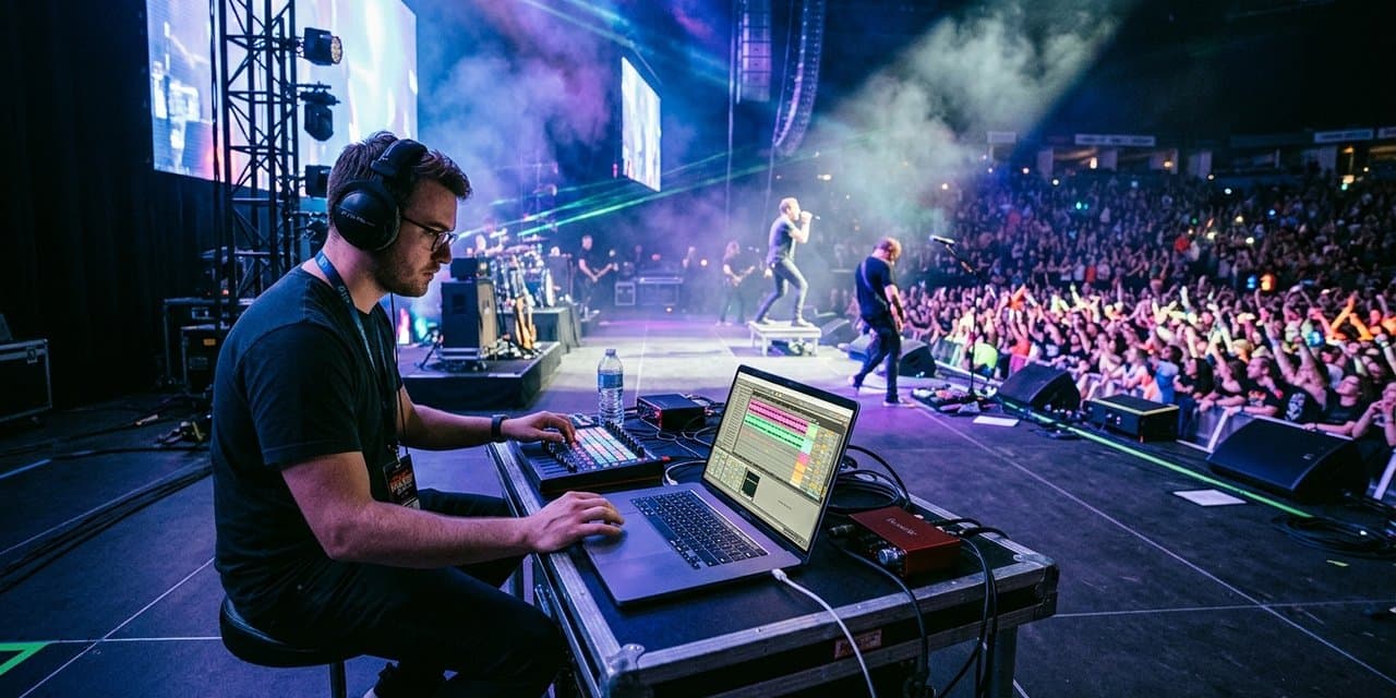 Playback engineer mengoperasikan Ableton Live di balik panggung konser