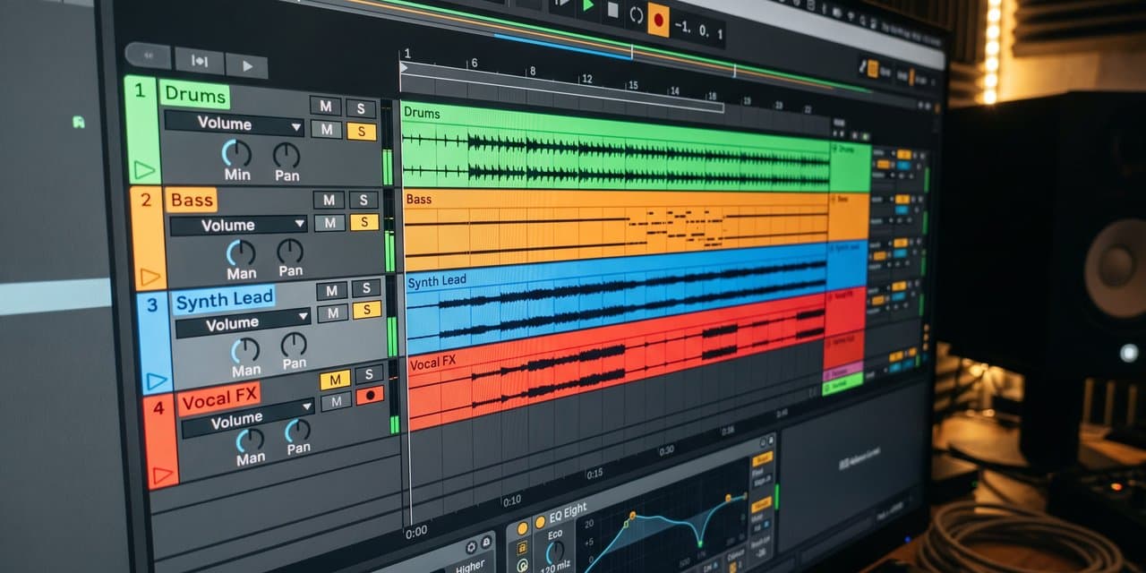 Session Ableton Live di layar studio dengan track Drums, Bass, Synth Lead, dan Vocal FX berwarna, di samping speaker monitor studio