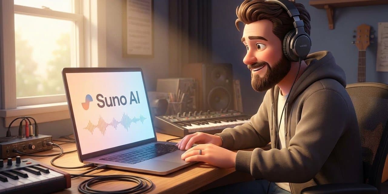 Produser musik menggunakan Suno AI di home studio - aturan komersial dan copyright musik AI
