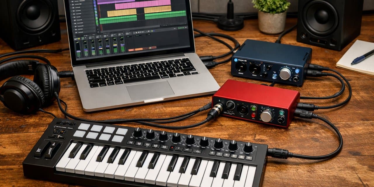 Setup home studio mixing mastering minimalis — headphone, audio interface, dan laptop dengan DAW terbuka di meja kerja