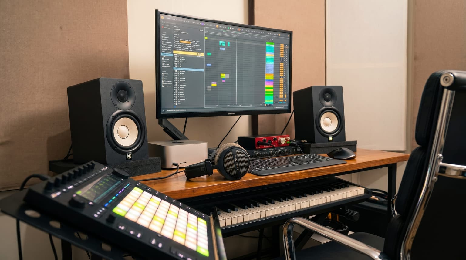 Monitor speaker Yamaha HS dan setup studio lengkap di FP Music Production Bali