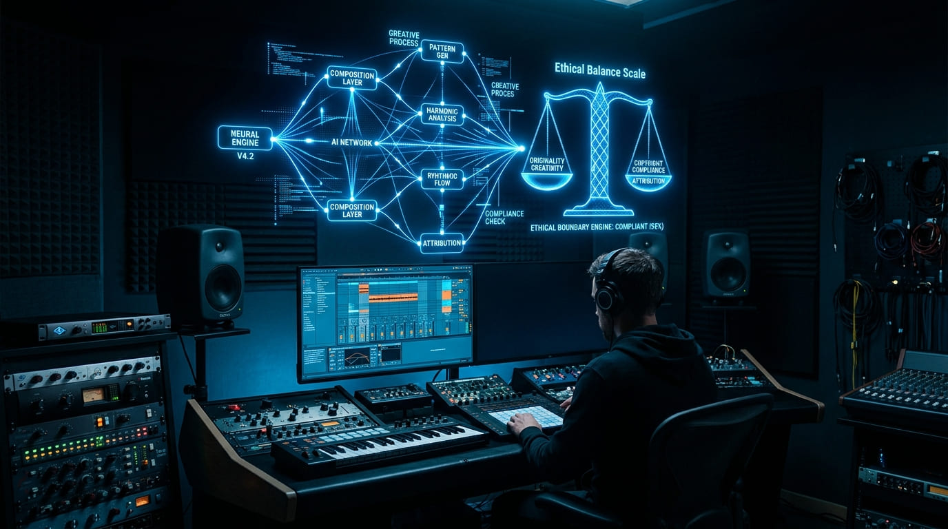 Diagram alur kerja agentic AI di studio produksi musik — tools otomasi kreatif dan etika penggunaan