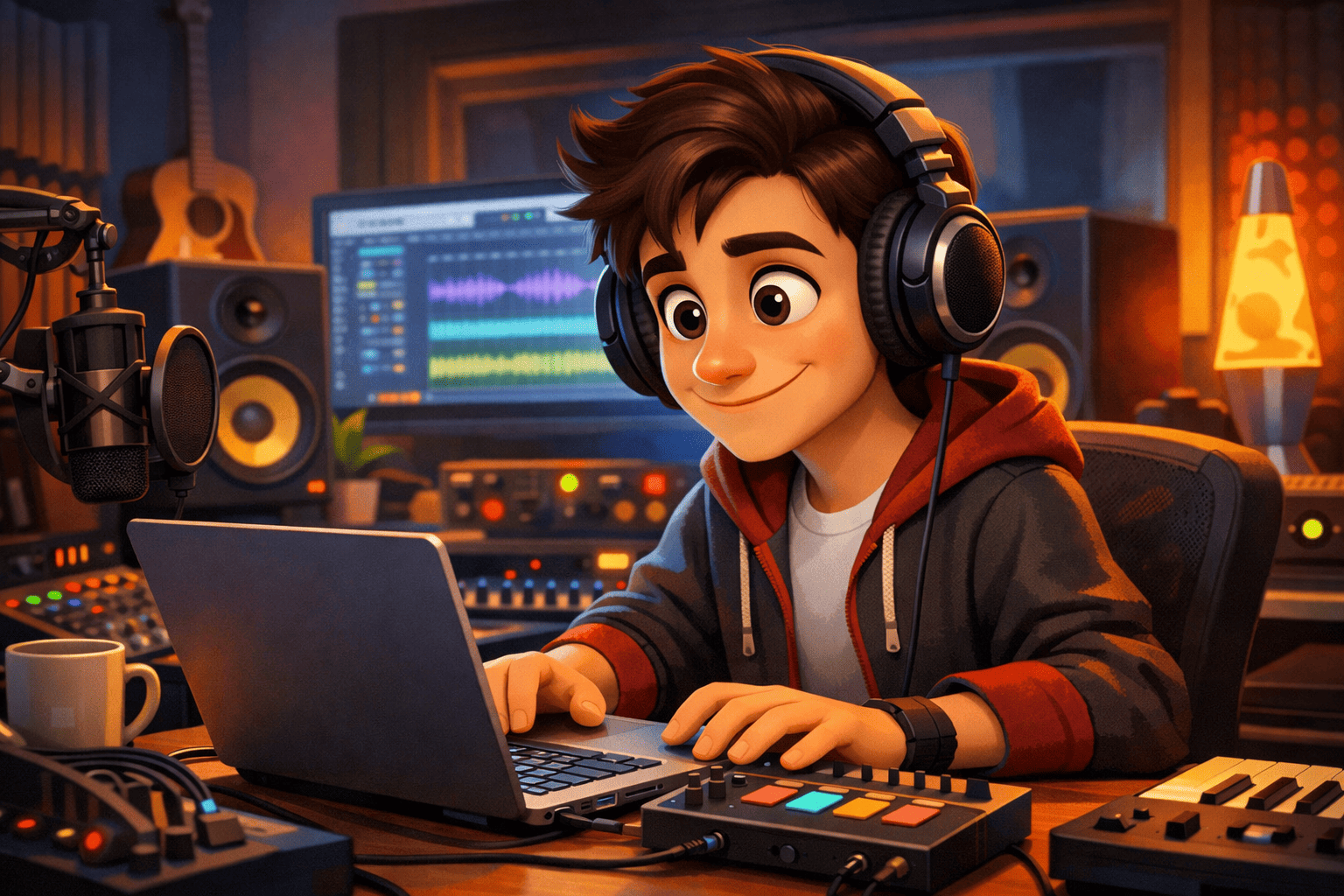 Produser di home studio menggunakan AI tools di laptop — DAW terbuka dengan plugin analisis spektrum