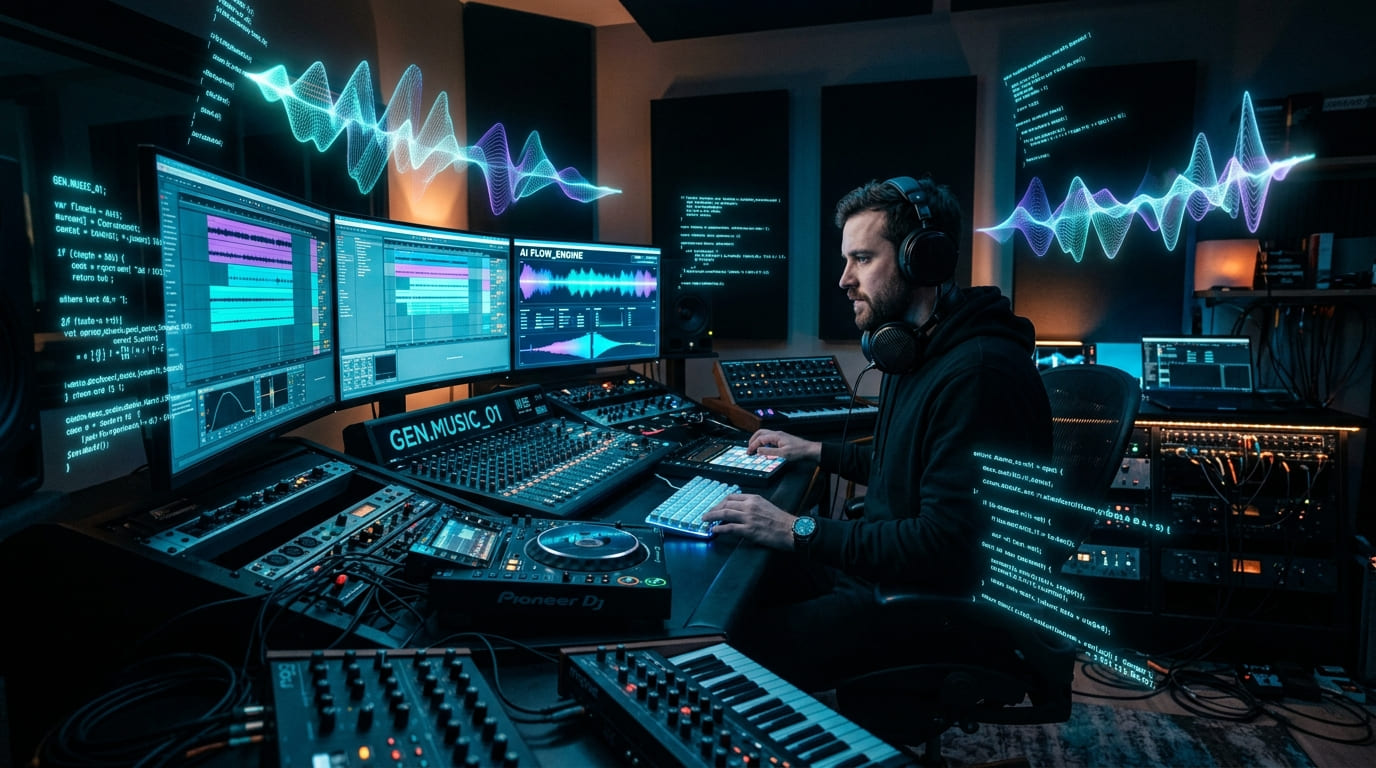 Visualisasi jaringan neural AI yang memproses nada musik — teknologi machine learning di industri audio