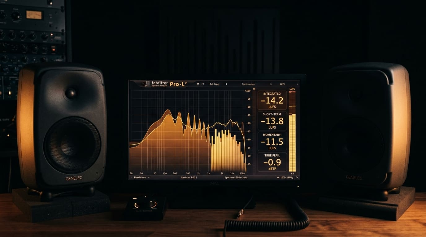 Mastering chain di DAW — plugin limiter dengan LUFS meter menampilkan -14 LUFS target Spotify