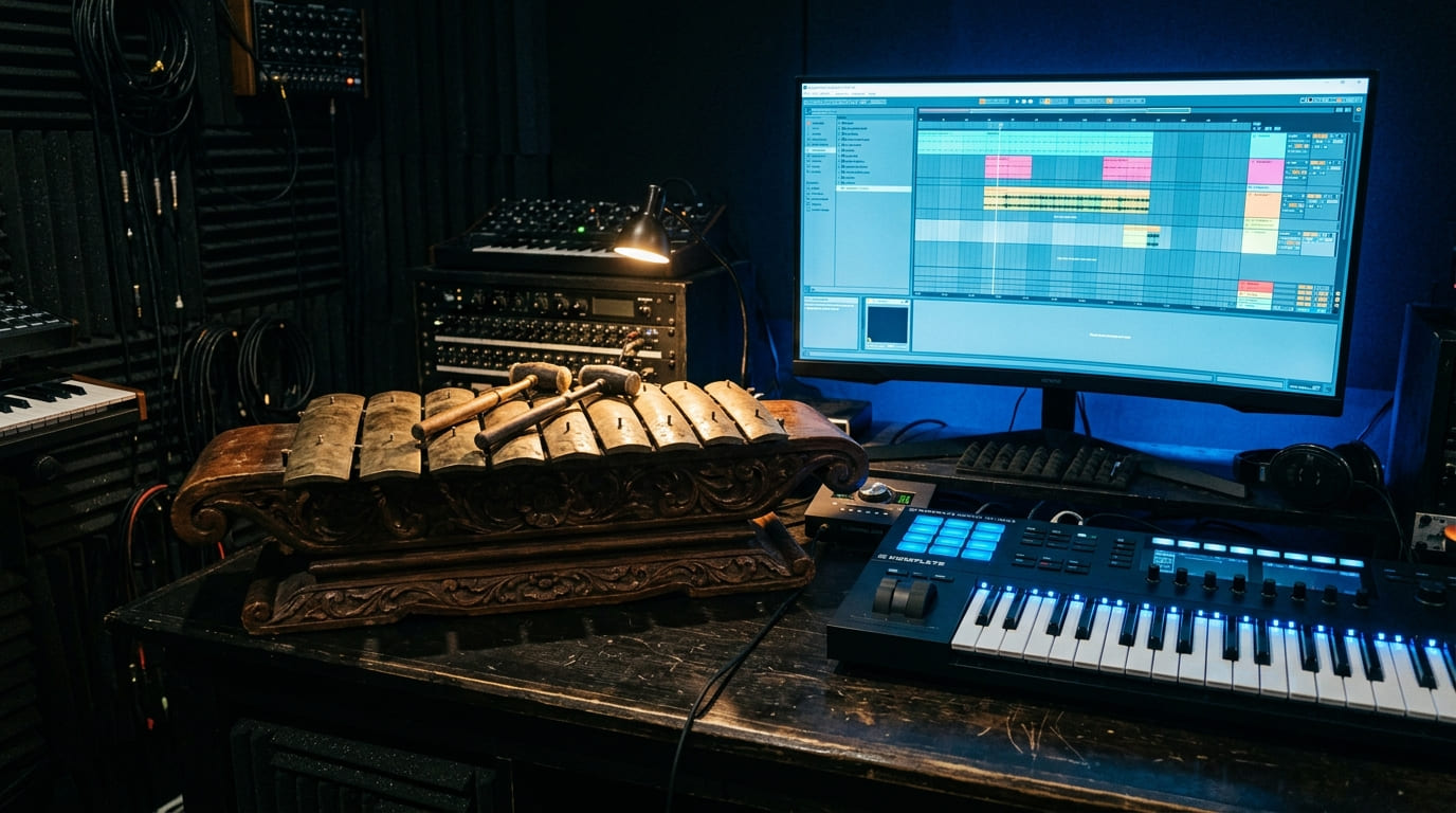 MIDI score di DAW memadukan melodi etnik gamelan dengan beat elektronik modern — aransemen fusion