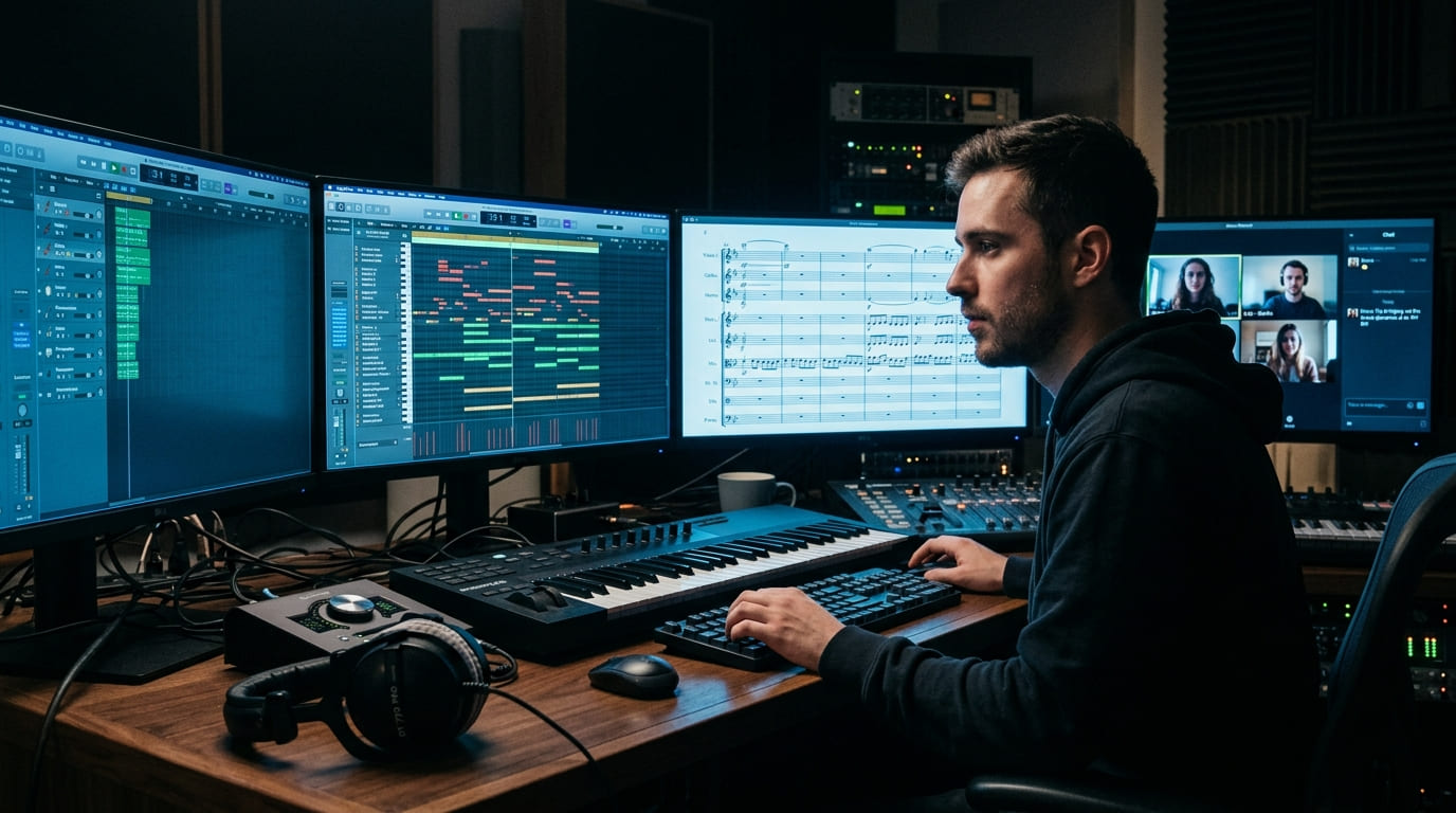Arranger mengerjakan proyek musik via laptop — file audio dan MIDI dikirim antara klien dan produser