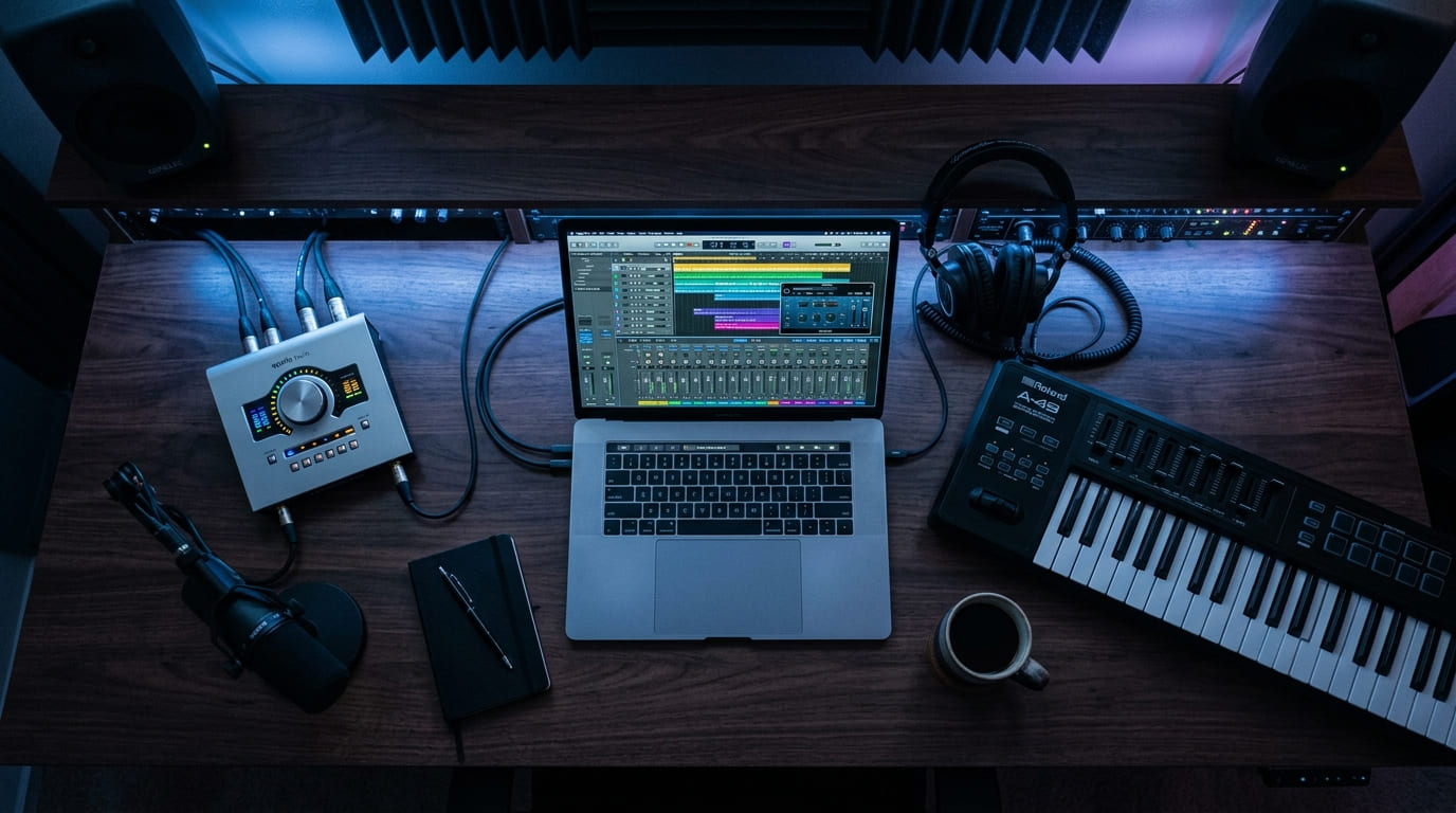 Kalkulator dan catatan biaya produksi musik di atas meja studio
