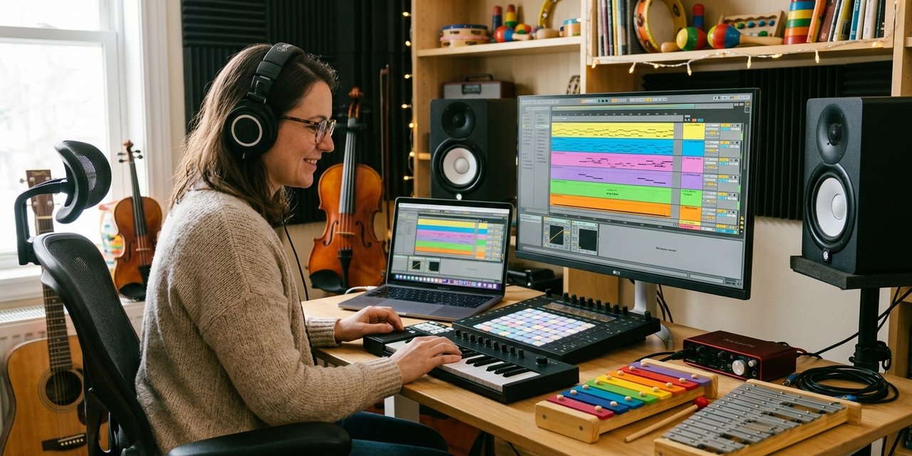 Produser musik mengerjakan aransemen lagu anak di home studio — Ableton Live terbuka di monitor, xylophone warna-warni dan glockenspiel di meja, biola dan gitar di latar belakang