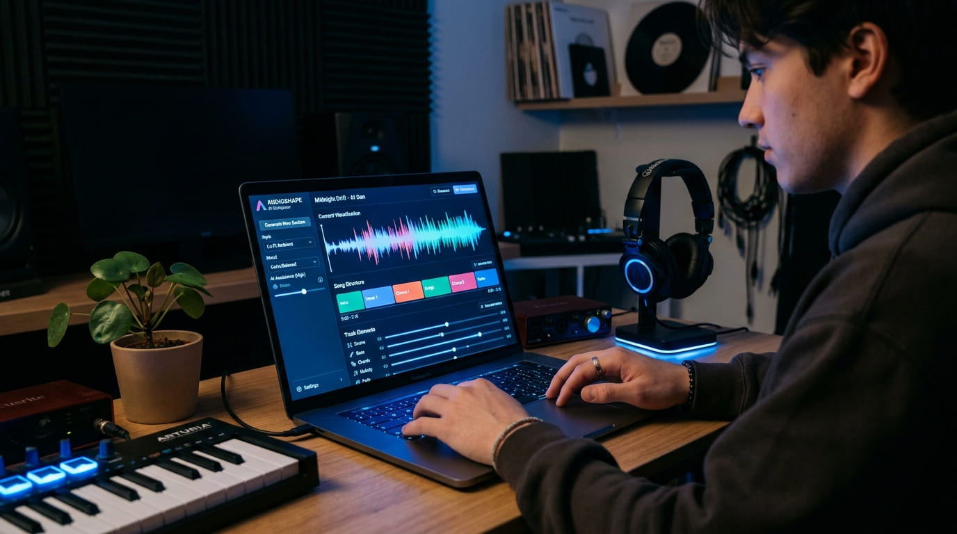 Interface Suno AI di browser menampilkan hasil lagu dari prompt teks — musik generatif AI