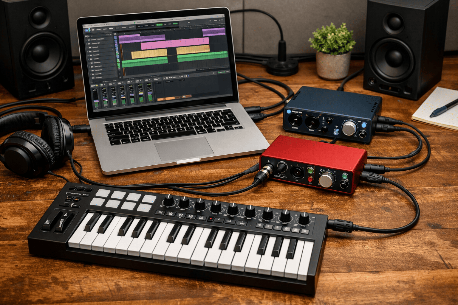 Laptop di meja rumahan dengan DAW terbuka — track MIDI dan plugin VST untuk produser pemula