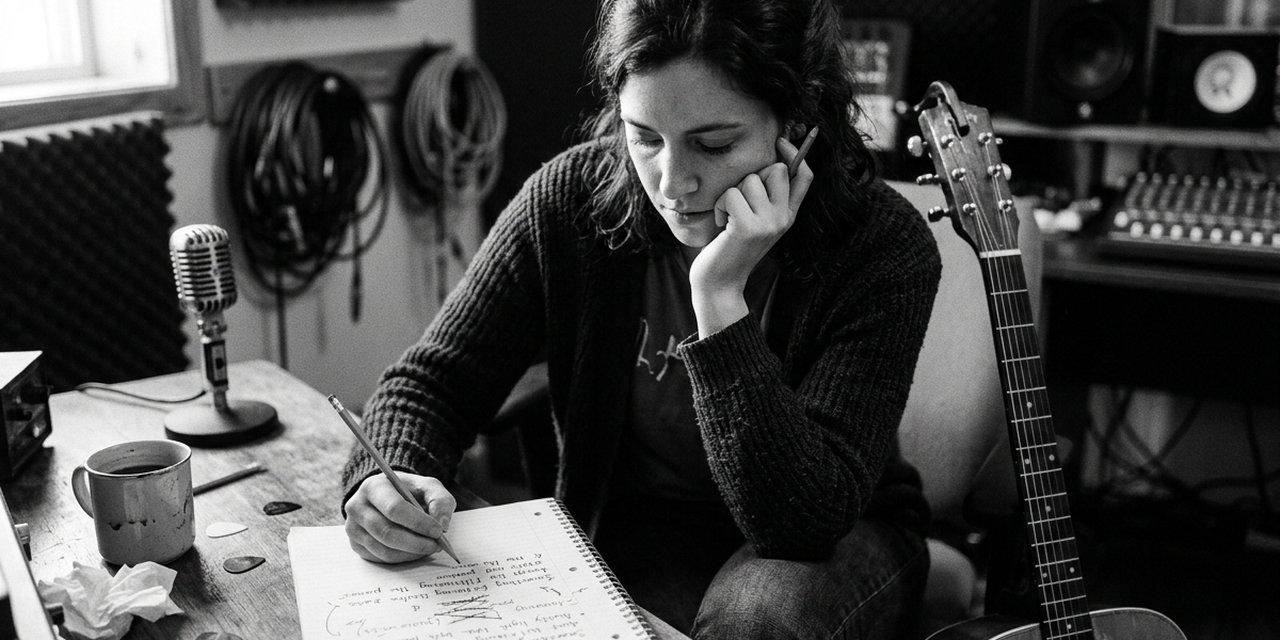 Songwriter menulis lirik lagu di studio — notebook dan gitar akustik di meja