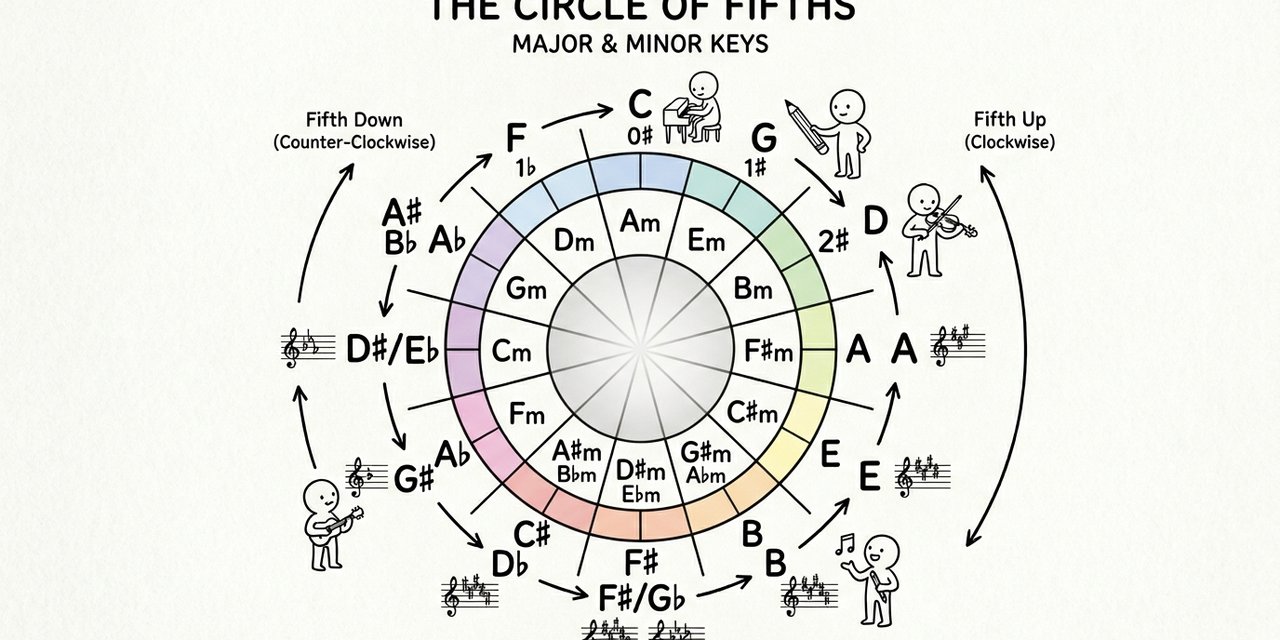 Diagram circle of fifths dengan 12 kunci mayor dan minor ditampilkan dalam lingkaran warna