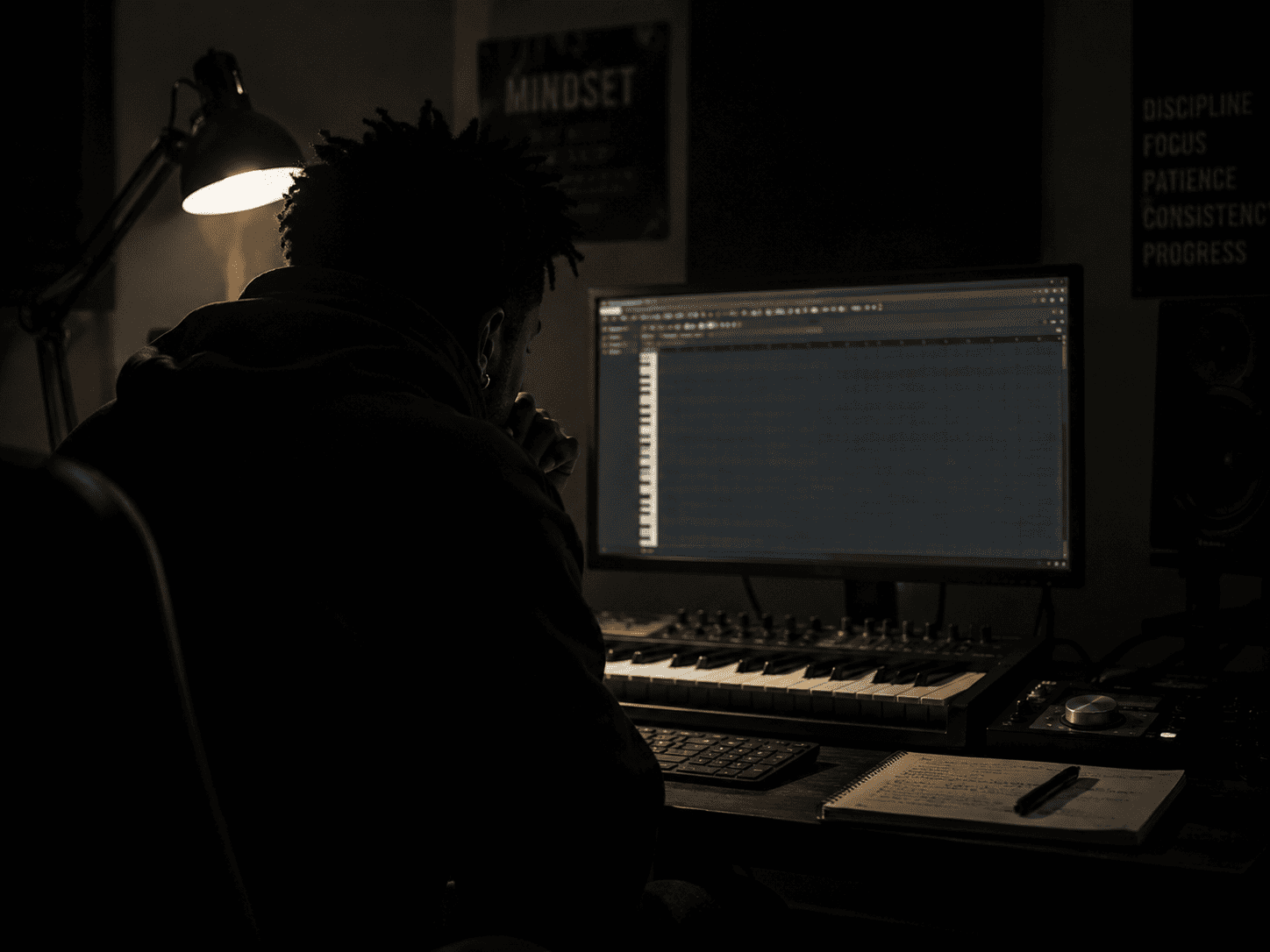 Beatmaker di depan workstation gelap dengan blank project — mengatasi creative block dan menemukan inspirasi