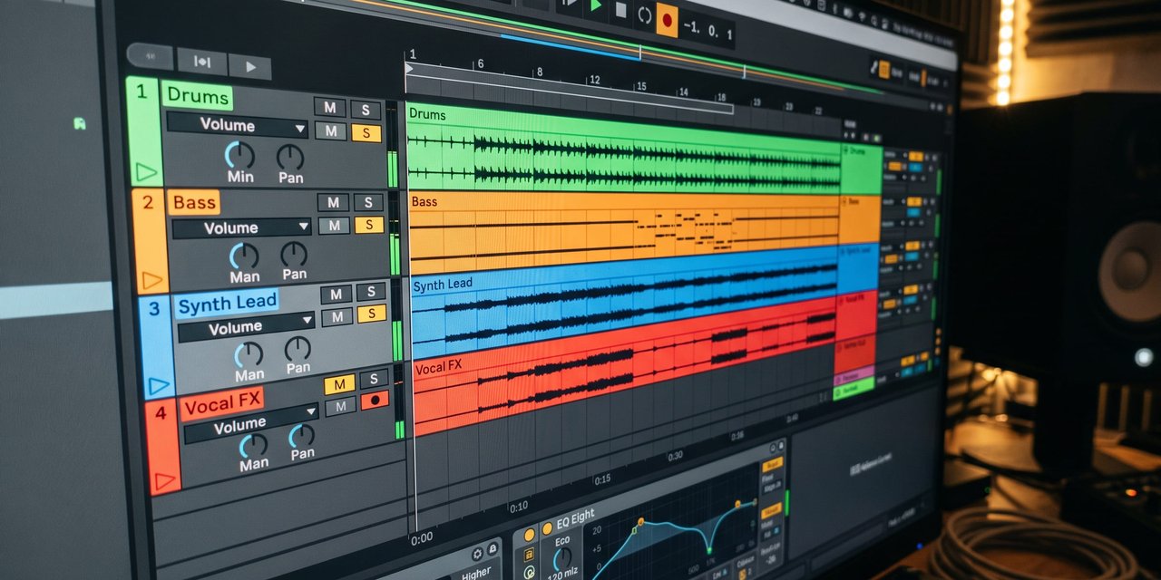 Session Ableton Live di layar studio dengan track Drums, Bass, Synth Lead, dan Vocal FX berwarna, di samping speaker monitor studio