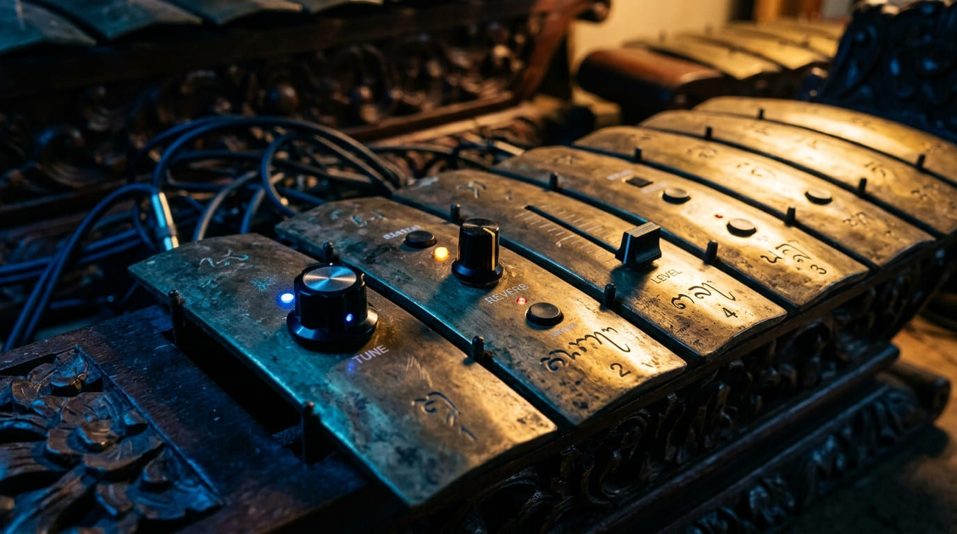 Penari kontemporer di depan gamelan yang terkoneksi synthesizer — fusion elektronik dan tradisi Bali